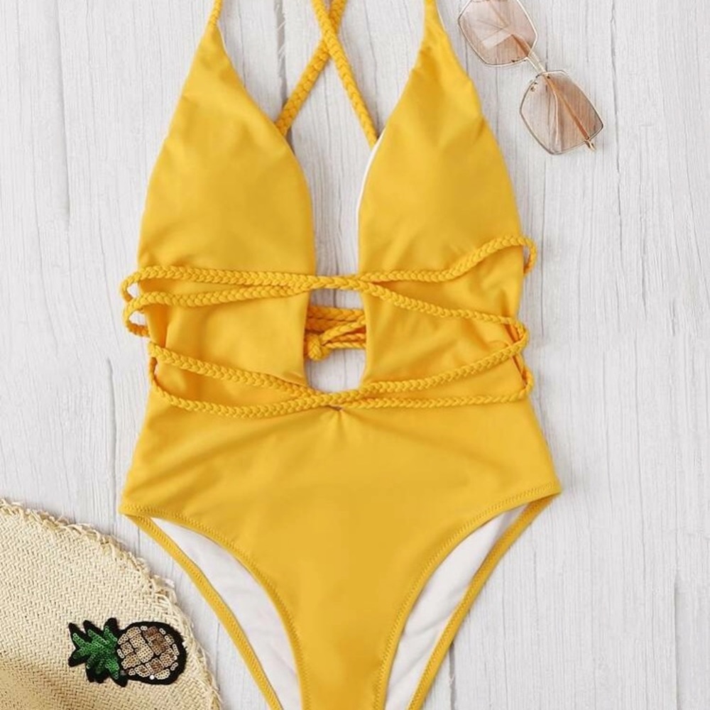 Plunging criss cross one piece yellow swim…